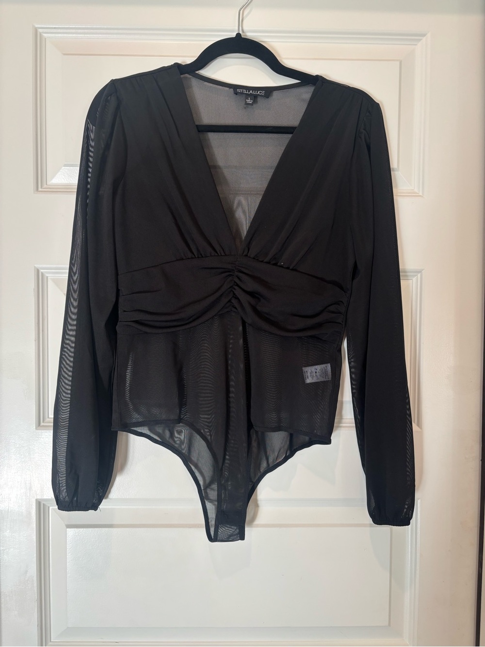 Stella Luce Black Sheer Ruched V-Neck Long Sleeve Bodysuit